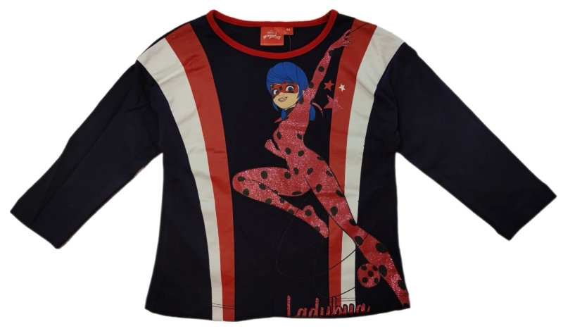 Bequem geschnittenes Langarmshirt für Mädchen mit Ladybug Motiv. Das Shirt ist Dunkelblau mit vertikalen roten und weißen Streifen